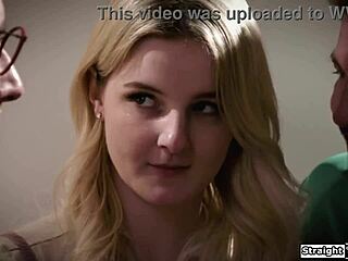 Teen squirms as pervy neighbors double penetrate her shaved holes