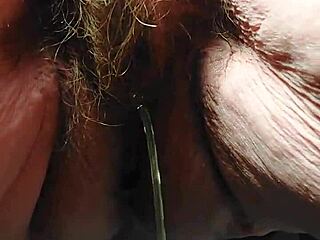 hey oma stuffs that cucumber deep in her hairy granny pussy