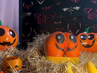 A horny teen bends over in the Halloween pumpkin patch for double creampie doggystyle