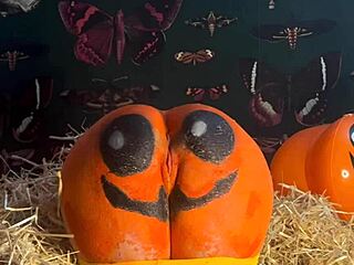 A horny teen bends over in the Halloween pumpkin patch for double creampie doggystyle