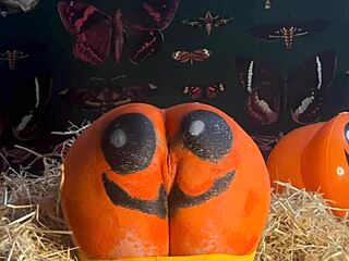 A horny teen bends over in the Halloween pumpkin patch for double creampie doggystyle