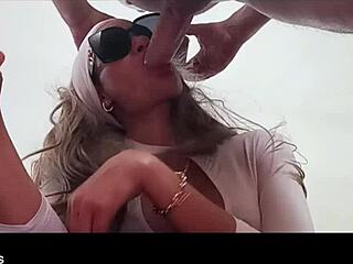 Blonde milf deepthroats huge throatpie in sunglasses