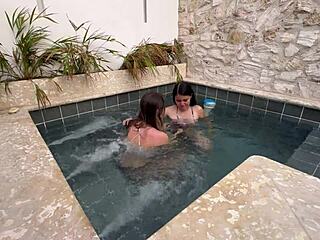 two horny LESBIANS finger pussies at public POOL scared