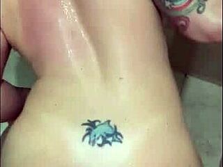 couple fucks hard bathroom floor doggystyle condom deep pov