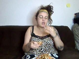 rebeca addams with those big natural tits just loves munching on shrimp backstage