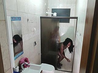 Hidden Cam Catches Ebony Exploding On Young Stud's Dick!