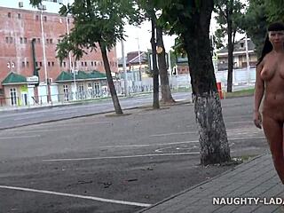 bold babe struts completely nude on busy city streets