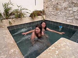 two horny LESBIANS finger pussies at public POOL scared