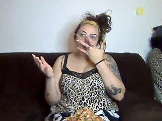 rebeca addams with those big natural tits just loves munching on shrimp backstage