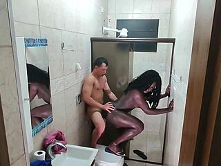 Hidden Cam Catches Ebony Exploding On Young Stud's Dick!