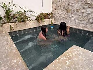 two horny LESBIANS finger pussies at public POOL scared