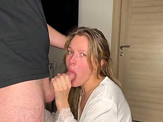 girl next door gives FAST BLOWJOB after shower, FUCK MY THROAT honey! homemade pov