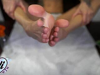 brunette teen oils tattooed feet for close-up fetish tease