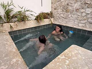 two horny LESBIANS finger pussies at public POOL scared