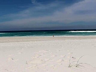 Skinny teen deepthroats on beach bathers watch cumshot