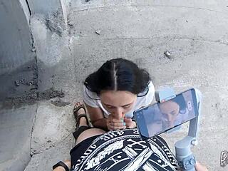 she begged me film her swallowing friend's huge load outdoors