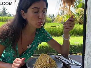 cumwalk cafe pasta with facial sperm drip