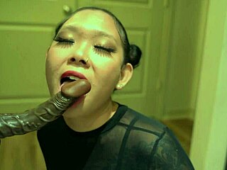 curvy asian babe deepthroats and rides huge bbc dildo to orgasm