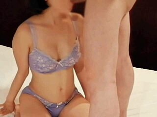 Big tits wife in purple lingerie blows hubby then rides missionary!