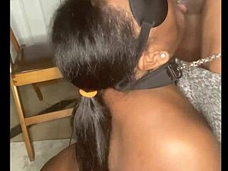 thick ebony slut fishnets collared leashed takes cock in garage submissive