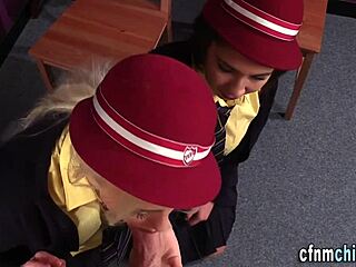 Clothed Female Students Suck And Stroke Cocks