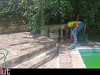 Pool Guy Fucks Housewife's Big Ass Then Cleans with Creampie