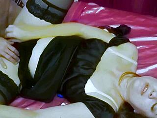 French Slut In Black Dress Panties Garter Heels Doggystyle Toys