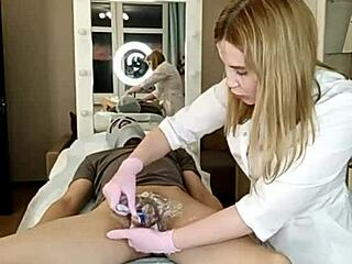 a beautiful babe trims her man's huge cock pubis and asshole smooth while he's bent over on all fours