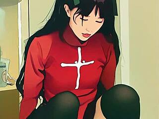 tiny ai asian teen tries huge dildo solo play