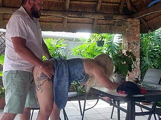 best friend's blonde wife creampied on patio during his work