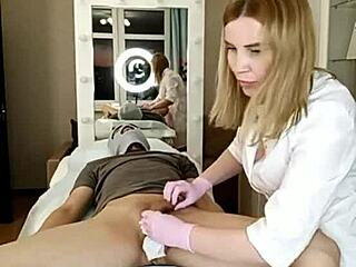 a beautiful babe trims her man's huge cock pubis and asshole smooth while he's bent over on all fours