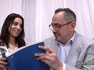 wanna watch this natural beauty get seduced? her senior tutor drills her shaved pussy hard.