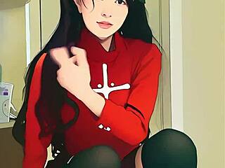 tiny ai asian teen tries huge dildo solo play