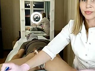 a beautiful babe trims her man's huge cock pubis and asshole smooth while he's bent over on all fours