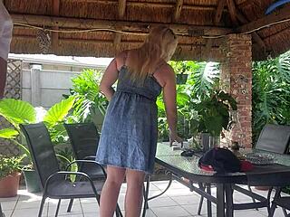 best friend's blonde wife creampied on patio during his work