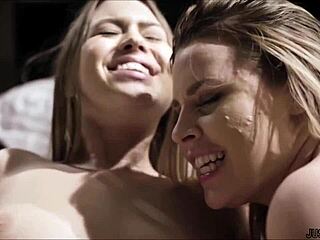 Blonde brunette duo shows stepgrandpa their shaved pussies in crazy FFM threesome