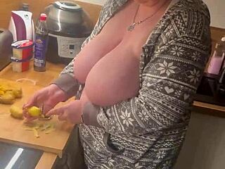 two big natural tits milf in the kitchen
