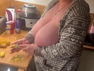 two big natural tits milf in the kitchen