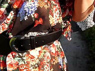 hey check out this hairy mature flashing her beaver through see-through dress outdoors