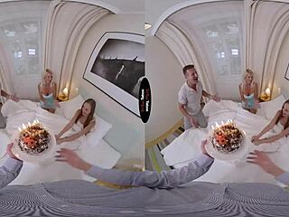 bold blonde brunette handjob blowjob orgasm in virtual taboo holiday celebration
