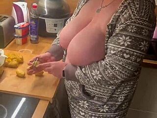 two big natural tits milf in the kitchen