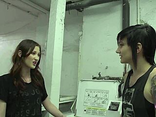 Emo brunette bends neighbor over for hardcore strapon pussy licking in laundry shop