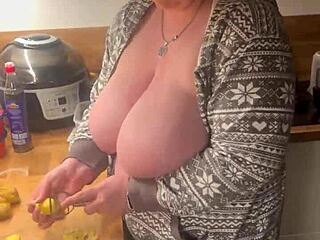 two big natural tits milf in the kitchen