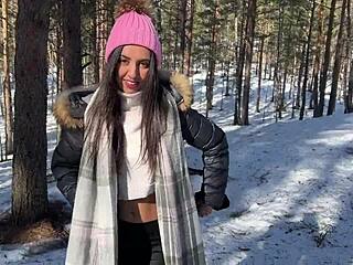 Skinny Teen Creampied in Snowy Forest Doggy Fuck