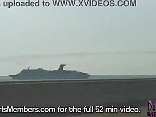 topless brunette flashes big tits in convertible over skyway bridge