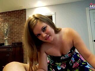 petite busty coed lauren rubs that cock before sucking it hard then bends for doggystyle banging