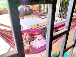 flow masturbates wet on balcony hammock, caught by curious eyes