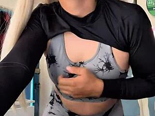 sporty trans babe strokes her cock till she squirts thick milk everywhere