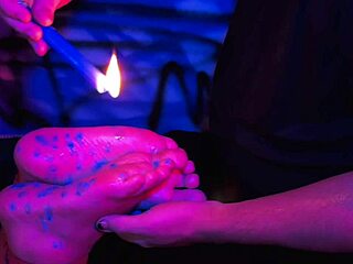 brunette bbw bound with big natural tits gags on cock while i drip wax on her tied bare feet and lick toes