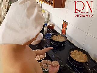 Naked Nudist Housewife Regina Noir Cooks In Kitchen As Maid